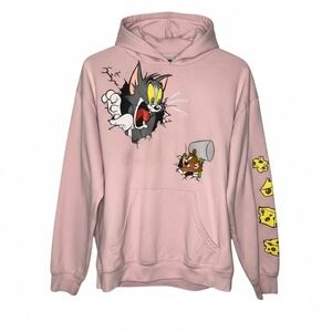 Tom and Jerry Hoodie Cartoon Character Pullover Pink Cheese Graphic